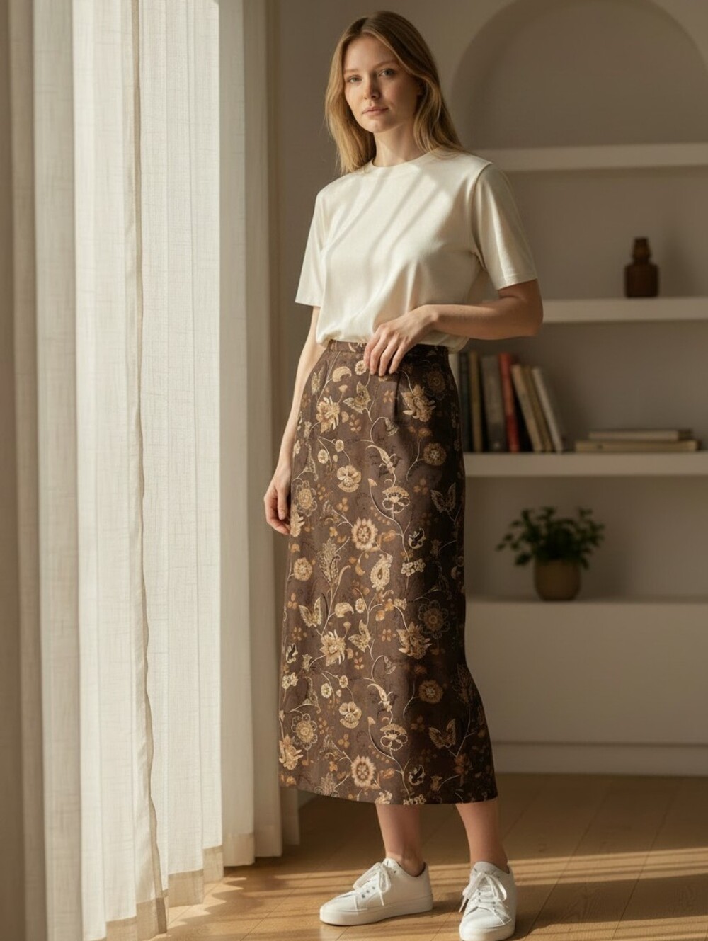 Silk Talbots Brown and Gold Floral Jacquard Pencil Skirt